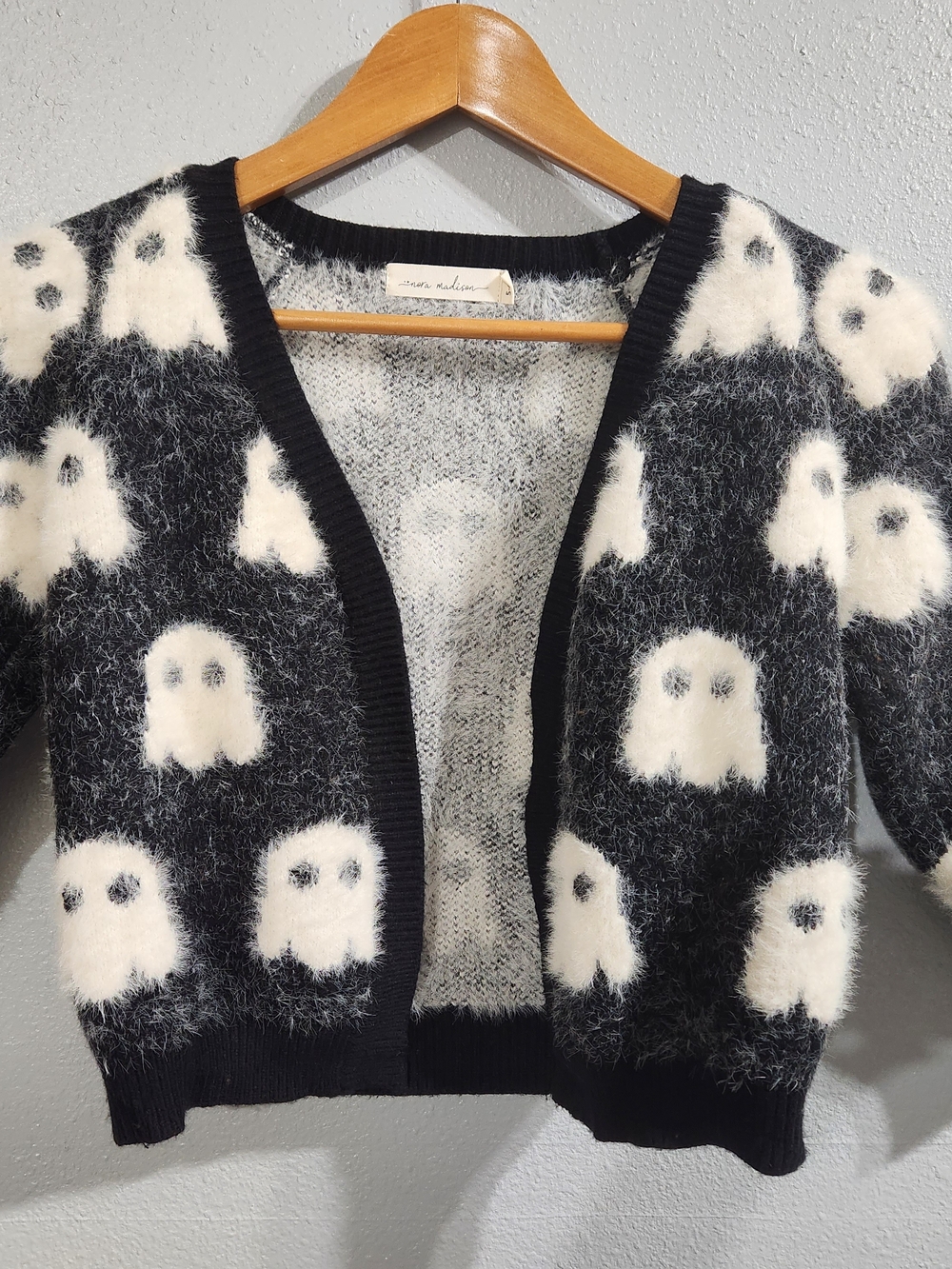 Nora Madison Black White Ghost Open-Front Cardigan Kids 5/6 Yr Halloween Sweater